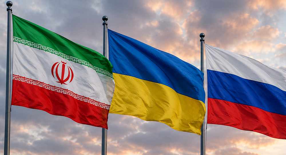 Iranian, Ukraine and Russian flags